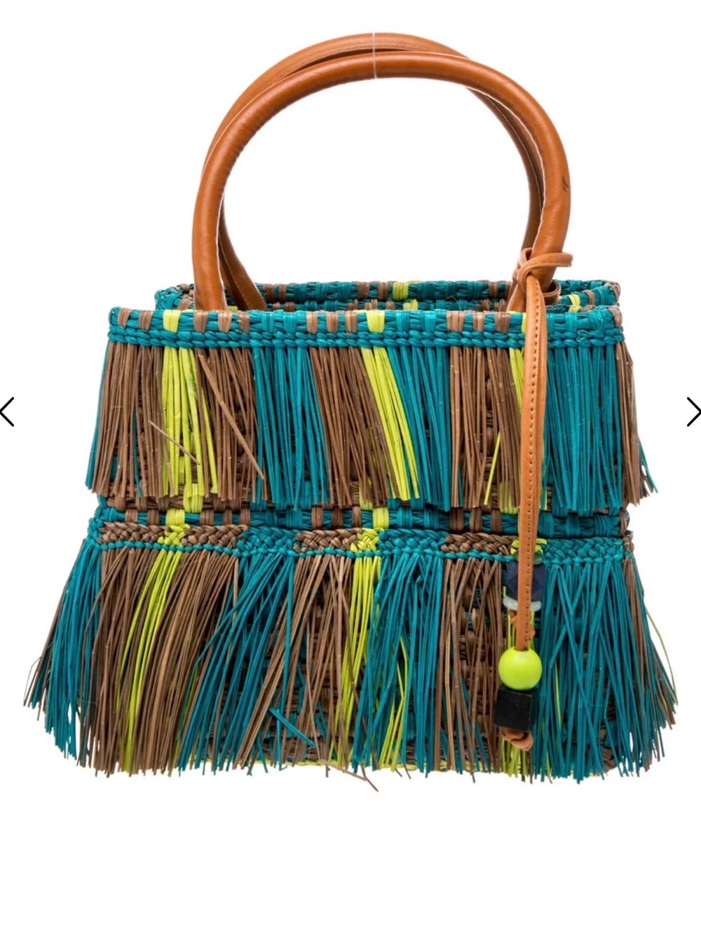 The Elder Statesman Teal, Brown & Lime Fringe woven Tote NWG
